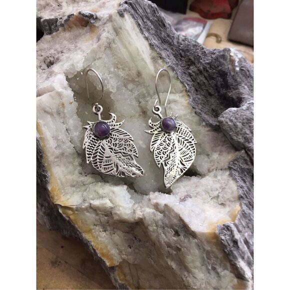 Earrings, Sterling Silver and Amethyst Leaf Earrings, NEW, 2.75”, Handmade - Picture 1 of 4